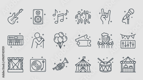 Set of minimalist music festival and concert event line icons featuring musical instruments, audio equipment and celebration symbols, concept for event app, party flyer and concert promotion
