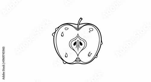 Stylized black and white line drawing of a juicy apple half with drops