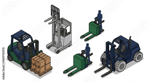 Isometric collection of industrial forklifts and pallet jacks operated by warehouse supervisors, concept for logistics management, industrial shipping and distribution services