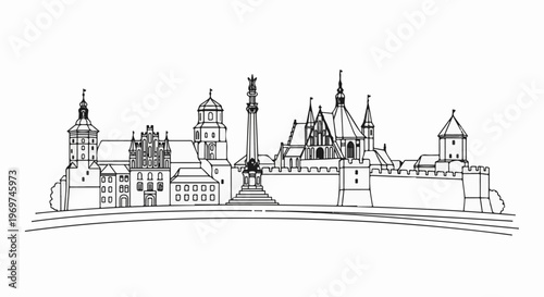 Stylized black and white line drawing of a historic city skyline with distinct towers and buildings