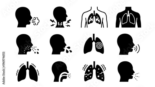 Collection of black silhouettes illustrating human respiratory symptoms and lung conditions, concept for healthcare business, occupational safety and corporate wellness presentation