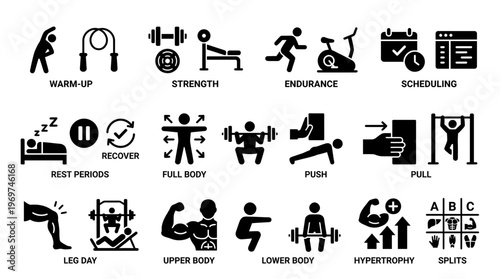 Black fitness workout icons set featuring gym training exercises and bodybuilding symbols on white background, concept for personal training apps, gym scheduling software and sport infographics