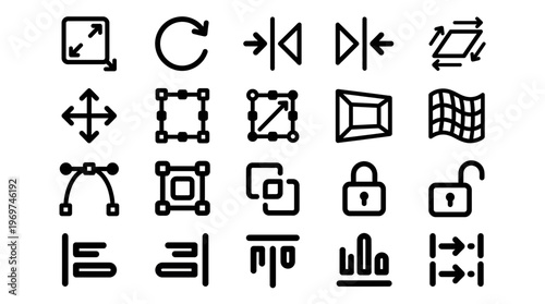 Set of black outline icons for graphic design transformation and image editing tools isolated on white background, concept for software interface, creative workflow and digital toolkit