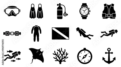 Set of black scuba diving equipment and professional underwater exploration icons isolated on white background, concept for aquatic sports infographic, marine travel agency and diving course