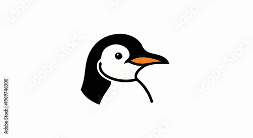 Stylized black and white penguin head with orange beak on white background