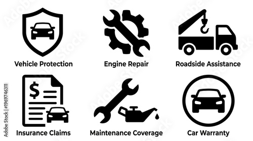 Black automotive service icons set with vehicle protection shield engine repair gears and roadside assistance truck, concept for insurance branding, car maintenance and automotive advertising