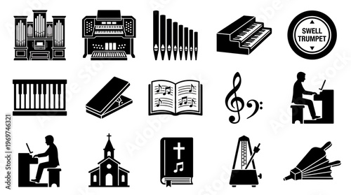Black and white pipe organ instrument icons featuring professional organist at work and church symbols, concept for religious worship, music education and orchestral performance promotion