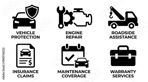 Set of black car service icons featuring vehicle protection, engine repair, roadside assistance, maintenance and warranty, concept for automotive app, insurance claim and website interface