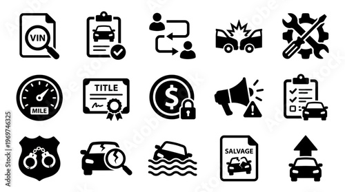Black and white set of car history and insurance icons with VIN check, accident reports and salvage status, concept for insurance agent, automotive dealer and vehicle inspector appraisal