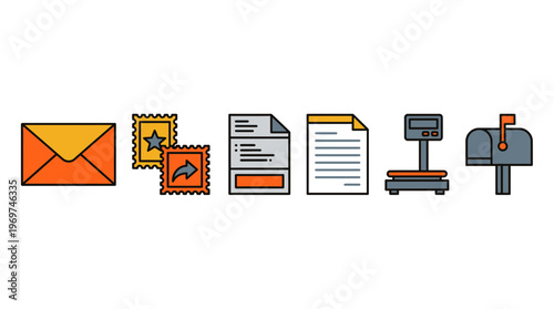 Colorful postal mail icons including envelope postage stamps delivery invoice paper document digital scale and mailbox, concept for logistics services post office shipping and courier delivery