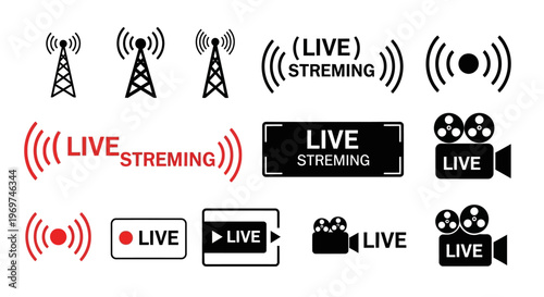 Live streaming icons and broadcasting symbols for digital media and broadcasting technology