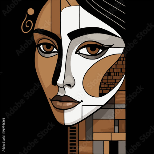 abstract cubist female portrait vector geometric face taupe mocha beige black background modern wall art