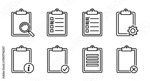 Diverse vector line art clipboard icon set showcasing concepts like task management, search, settings, information, and successful completion. Ideal for modern digital interfaces and apps