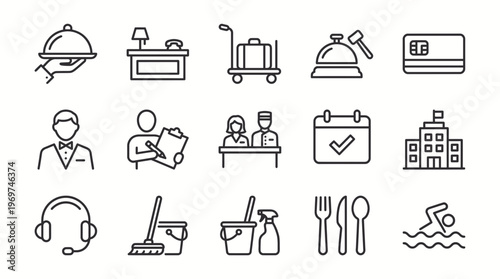 Linear hotel and hospitality icons featuring receptionists, bellboys, housekeeping and concierge on white background, concept for booking apps, hotel website design and tourism marketing
