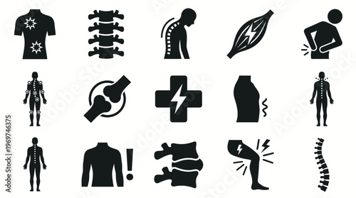 Black orthopedic icons showing human spine health, joint pain and anatomy for executive office worker silhouettes, concept for medical infographics, chiropractic clinic and health presentation