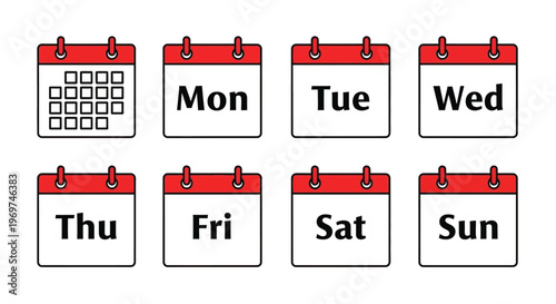 A versatile collection of minimalist calendar grid and individual day-of-the-week icons for effective scheduling, planning, and time management in digital interfaces and applications