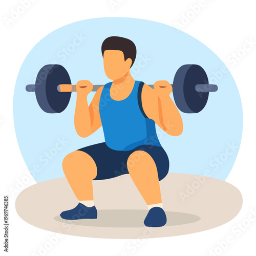 Flat vector illustration of man doing barbell squat exercise, strength training and gym workout concept