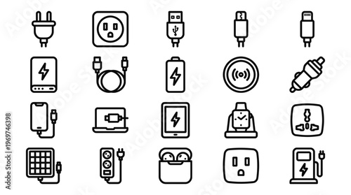 Collection of minimalist line icons representing electronic power supply and device charging equipment on white background, concept for technology interface, mobile app and user manual