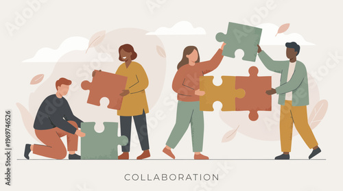 Diverse group of creative project managers and marketing executives assembling giant colorful jigsaw puzzle pieces together, concept for business teamwork, strategic partnership and problem solving