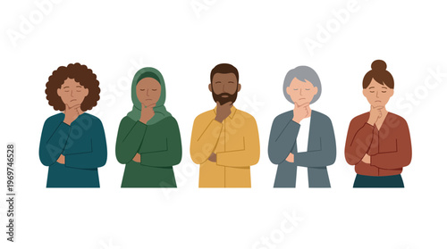 Diverse office executives and managers standing together thinking deeply with hand on chin on white background, concept for business problem solving, corporate decision making and brainstorming