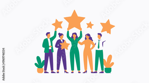 Diverse business managers and office workers holding giant rating stars together on white background, concept for customer satisfaction review, team achievement and business excellence ranking