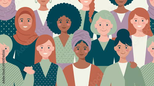 Diverse group of multicultural female executives, office managers and business leaders in flat illustration style, concept for female empowerment, workforce diversity and corporate equality