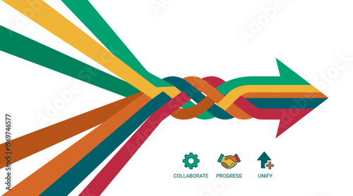 Braided colorful lines merging into a single large arrow with business icons on white background, concept for strategic partnership, team synergy and corporate business growth