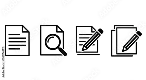 Collection of icons representing document analysis, writing, and data investigation for business and education purposes