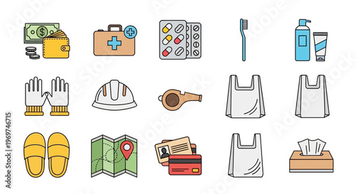Vibrant collection of essential flat design icons, encompassing daily necessities, travel preparations, personal hygiene products, and crucial safety equipment for modern living