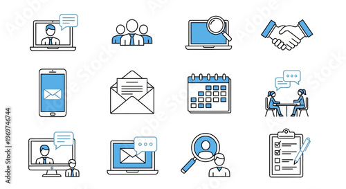 Business meeting icons with people collaborating and discussing ideas via technology and traditional methods