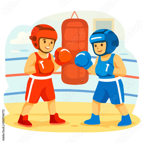 Flat vector illustration of two boxers sparring in ring with punching bag, combat sport and training concept