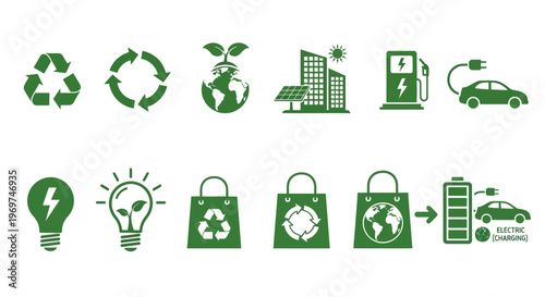 Set of green icons representing eco-friendly solutions and sustainable living, including recycling symbols, renewable energy, and electric transportation for a greener future