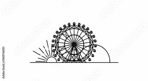 Stylized Ferris wheel at sunrise, rendered in simple black lines on a white background