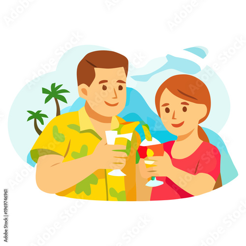 Flat vector illustration of couple enjoying tropical drinks on beach, summer vacation and relaxation concept
