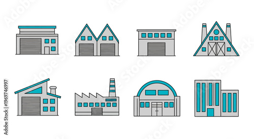 Collection of Various Industrial Building Icons representing factories, warehouses, and production facilities for business and logistics concepts