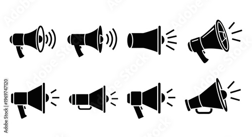 Set of eight black and white megaphone icons representing communication, announcement, and alert signals