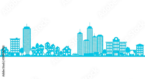 Vibrant blue city skyline silhouette illustration, featuring modern skyscrapers and residential homes, ideal for urban development, architectural design, and community graphics