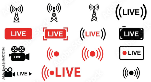 Set of live broadcast icons and symbols for streaming, video, and connectivity, featuring broadcasting towers, cameras, and signal waves