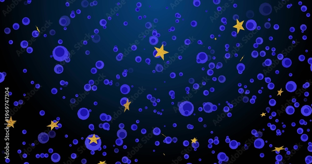 Fototapeta premium Showing cosmic art with blue-purple rings and dots over navy gradient with gold stars and sparks