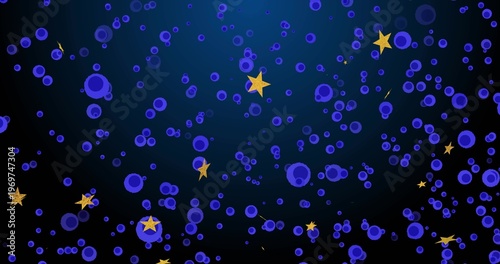 Showing cosmic art with blue-purple rings and dots over navy gradient with gold stars and sparks