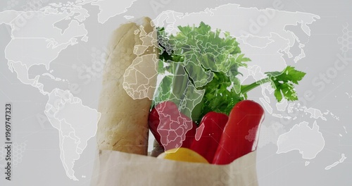 Featuring brown paper bag holding baguette, celery, red peppers, lemon in studio, world map overlay