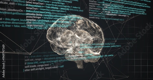 Картината върху платно Floating translucent 3D brain hologram pulsing neural pathways and nodes in virt