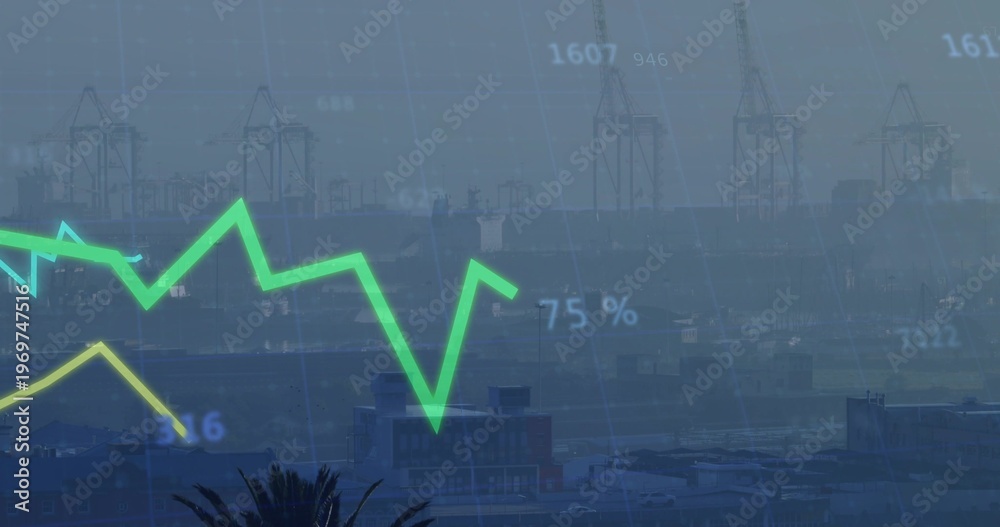 Fototapeta premium Overlaying green-yellow chart dominating maritime port, showing cranes, stacks, ship, palm and 75%