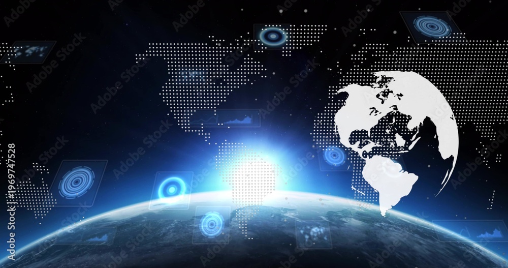 Fototapeta premium Showing curved Earth horizon with bright flare in space, with HUD panels and white Americas globe