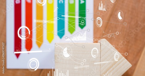 Showing wooden arrow pointing right on wood tabletop, ribbon-bar chart and HUD overlays, copy space