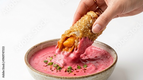 Wallpaper Mural Crispy spring roll is lowered into a creamy pink dipping sauce, with a person's hand holding the food item above a rustic bowl. Torontodigital.ca