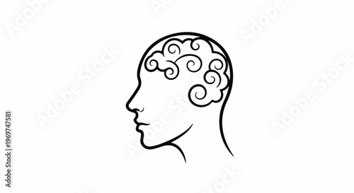 Stylized black line art profile of a head with swirling patterns in brain