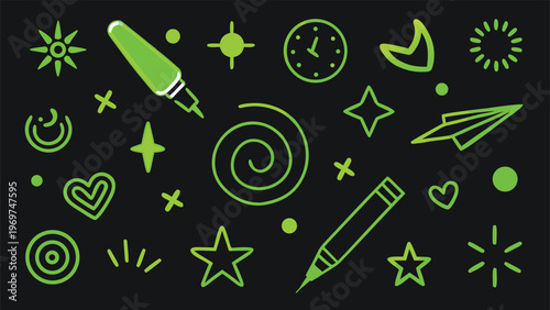 Neon green doodles of celestial bodies stationery and abstract shapes