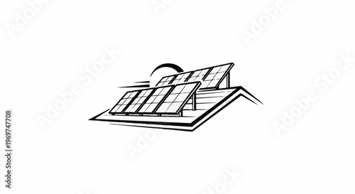 Stylized graphic of solar panels on a rooftop under a sun arc