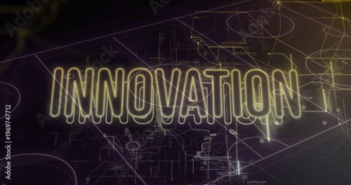 Glowing word INNOVATION dominating digital graphic, featuring schematic overlays and light streaks